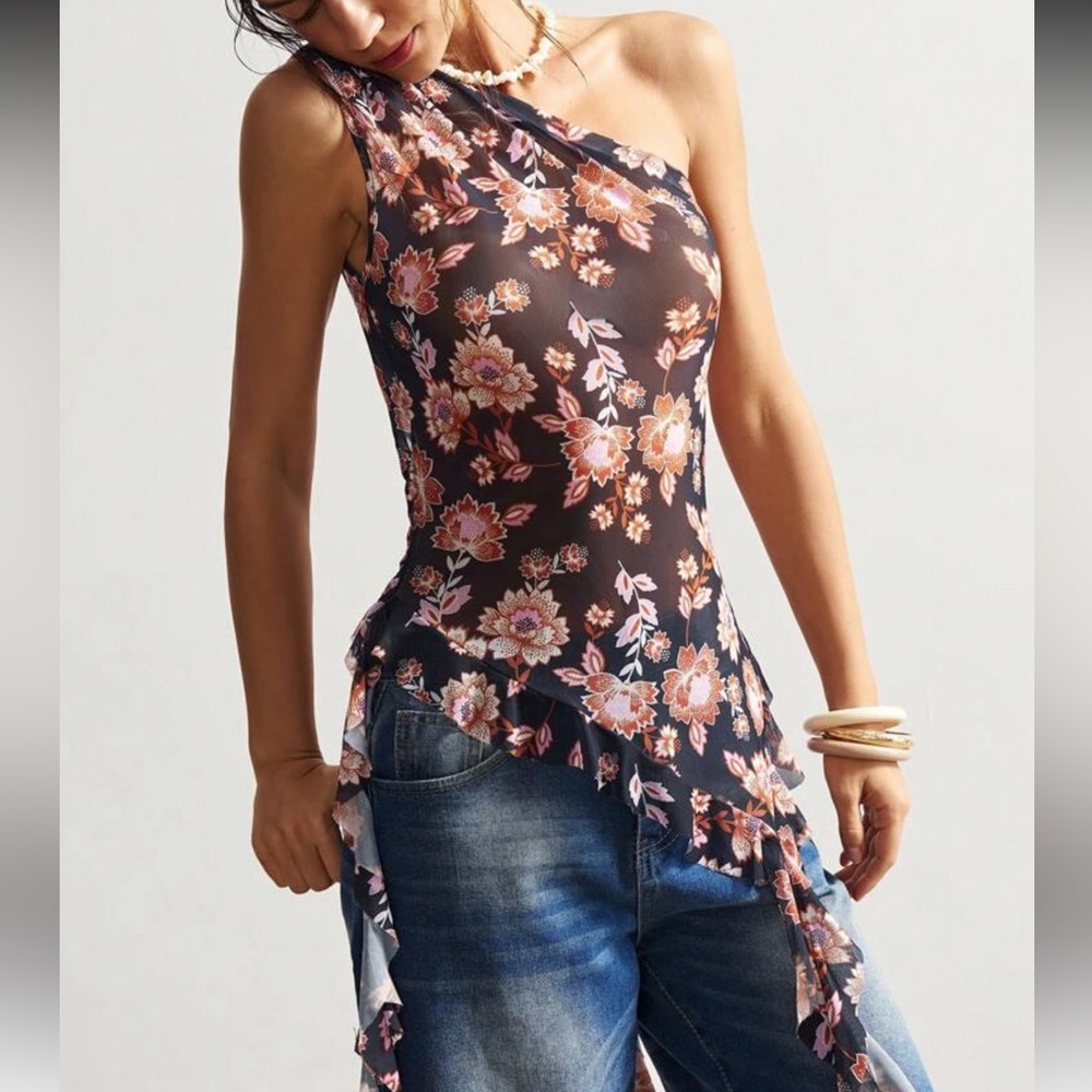 46) Boho chic Asymmetrical Pink floral mesh sheer sleeveless top NWT L & XL